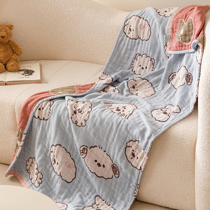 91家纺网 家纺一手货源 找家纺 麻依 2025新款全棉四层纱布浴巾披肩旅行毯 线条狗狗