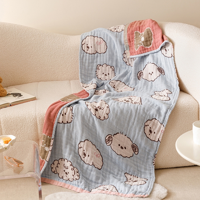 91家纺网 家纺一手货源 找家纺 麻依 2025新款全棉四层纱布浴巾披肩旅行毯 线条狗狗