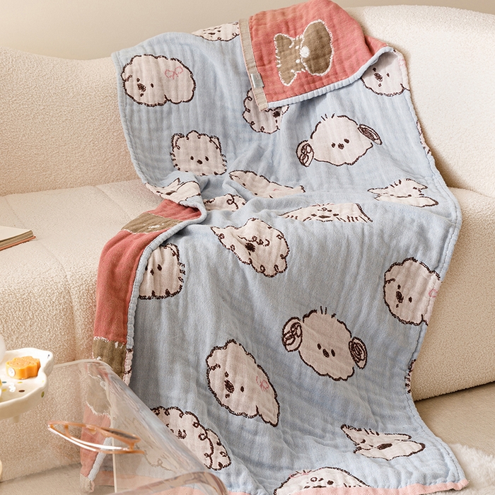 91家纺网 家纺一手货源 找家纺 麻依 2025新款全棉四层纱布浴巾披肩旅行毯 线条狗狗