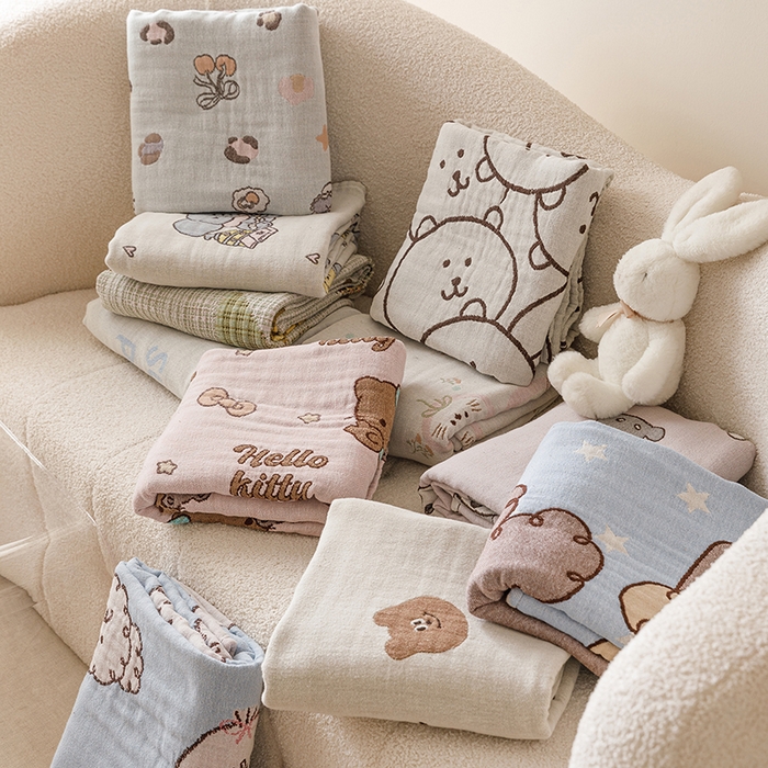 91家纺网 家纺一手货源 找家纺 麻依 2025新款全棉四层纱布浴巾披肩旅行毯 组合