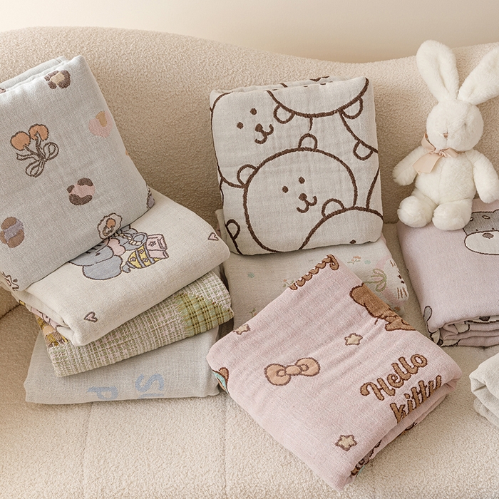 91家纺网 家纺一手货源 找家纺 麻依 2025新款全棉四层纱布浴巾披肩旅行毯 组合