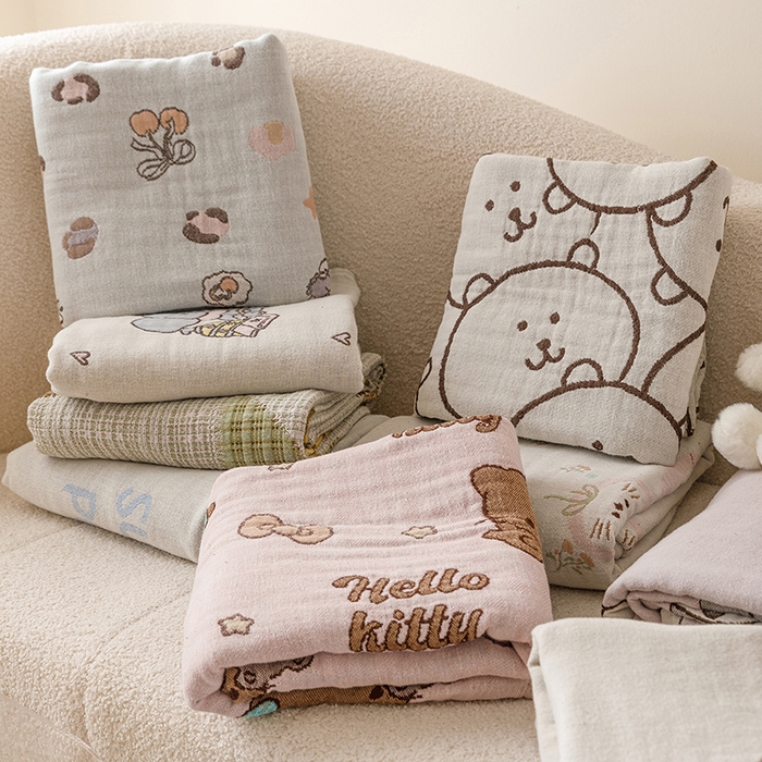 91家纺网 家纺一手货源 找家纺 麻依 2025新款全棉四层纱布浴巾披肩旅行毯 组合