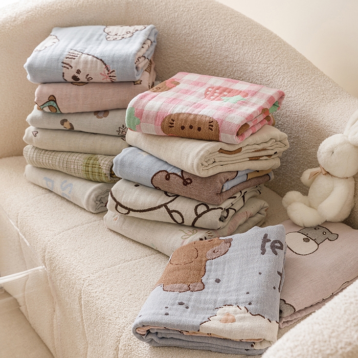 91家纺网 家纺一手货源 找家纺 麻依 2025新款全棉四层纱布浴巾披肩旅行毯 组合