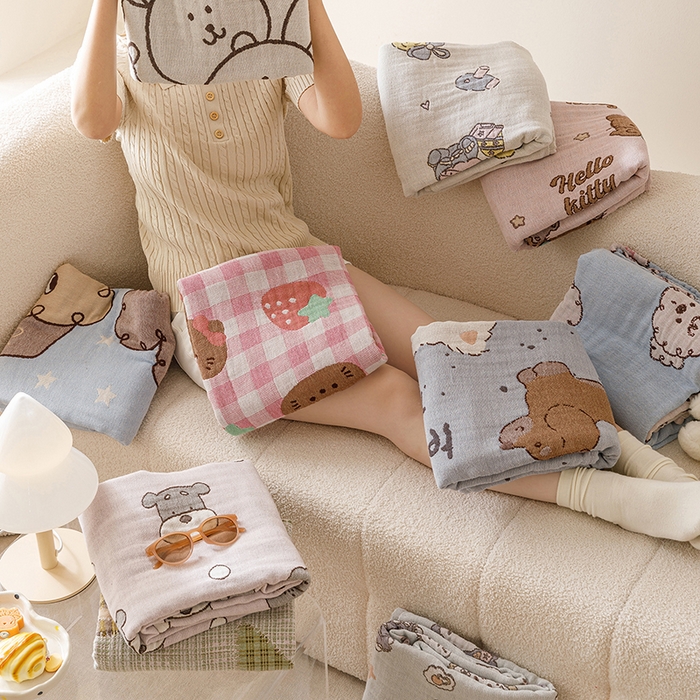 91家纺网 家纺一手货源 找家纺 麻依 2025新款全棉四层纱布浴巾披肩旅行毯 组合