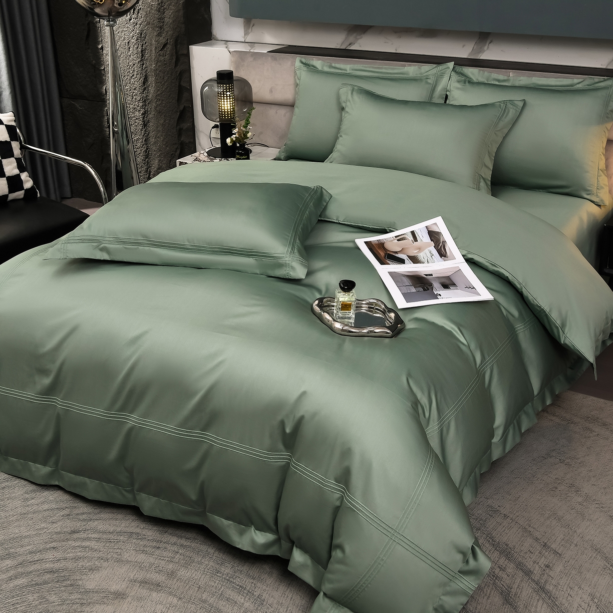 91家纺网 家纺一手货源 找家纺 润淳家居 2025新款100支新疆长绒棉四件套纯棉四件套全棉四件套 梦幻 灰湖绿