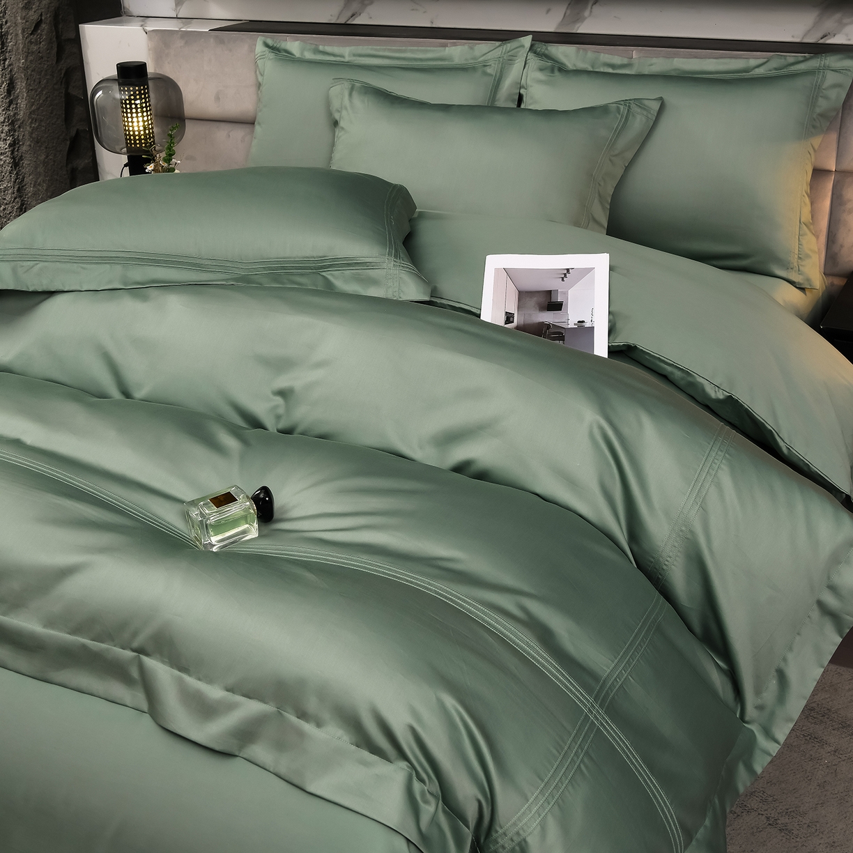 91家纺网 家纺一手货源 找家纺 润淳家居 2025新款100支新疆长绒棉四件套纯棉四件套全棉四件套 梦幻 灰湖绿