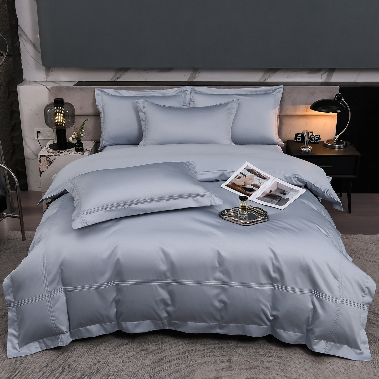 91家纺网 家纺一手货源 找家纺 润淳家居 2025新款100支新疆长绒棉四件套纯棉四件套全棉四件套 梦幻 水波蓝