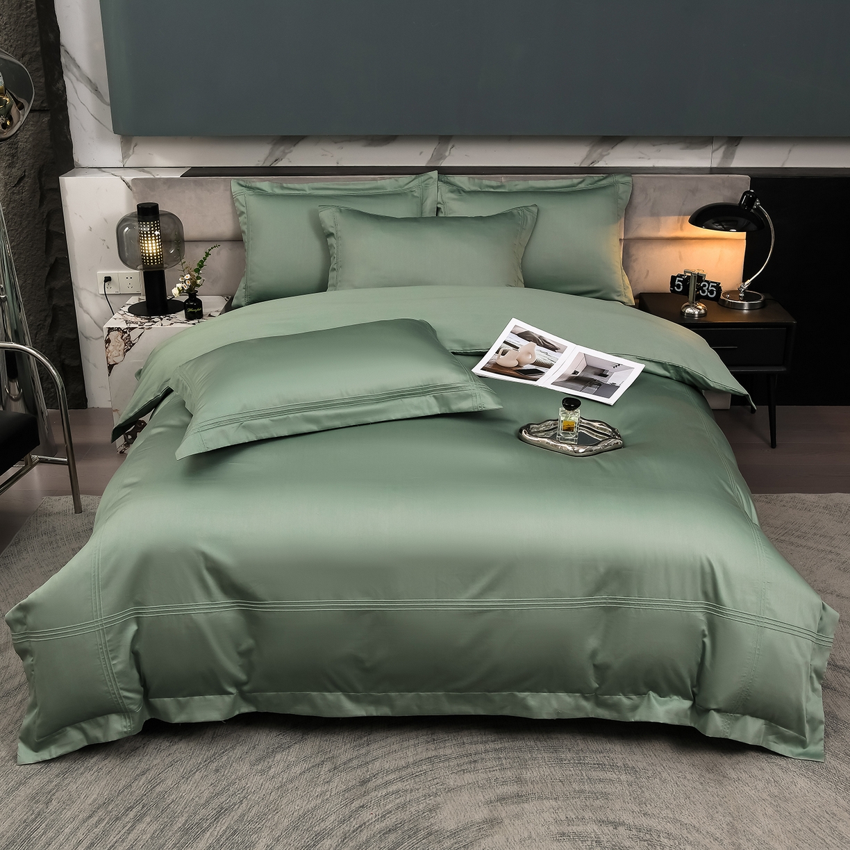 91家纺网 家纺一手货源 找家纺 润淳家居 2025新款100支新疆长绒棉四件套纯棉四件套全棉四件套 梦幻 灰湖绿