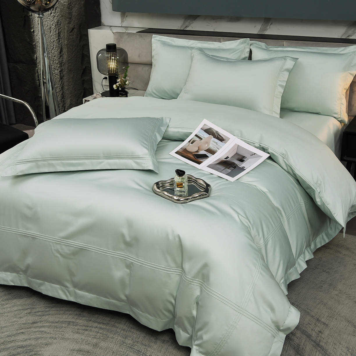 91家纺网 家纺一手货源 找家纺 润淳家居 2025新款100支新疆长绒棉四件套纯棉四件套全棉四件套 梦幻 青水绿