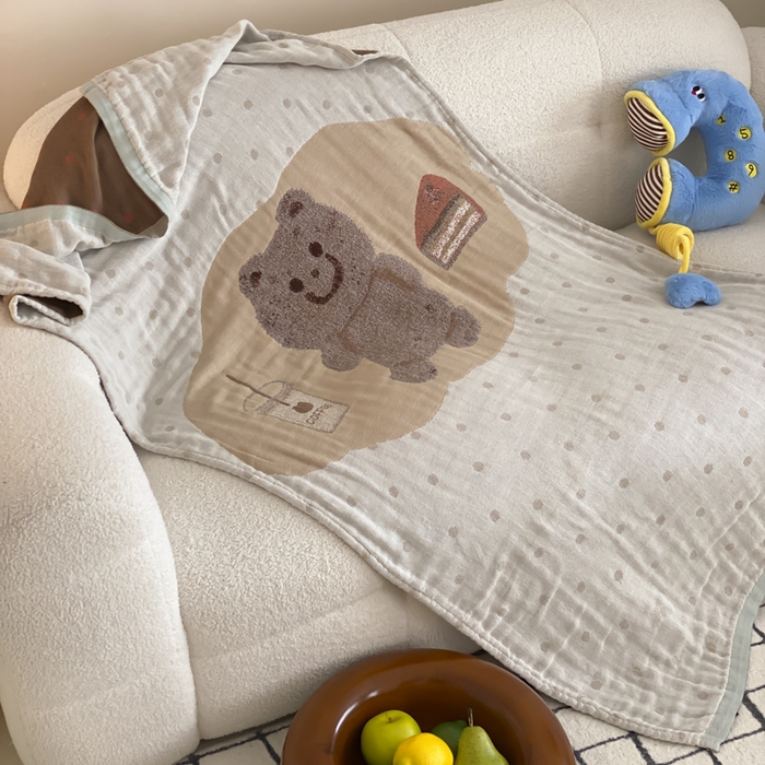 91家纺网 家纺一手货源 找家纺 麻依 2025新款软萌纱布浴巾四层全棉纱布浴巾 甜品熊 80*160