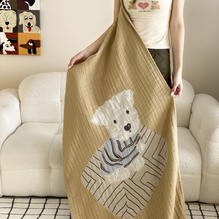 91家纺网 家纺一手货源 找家纺 麻依 2025新款软萌纱布浴巾四层全棉纱布浴巾 西单小狗 80*160