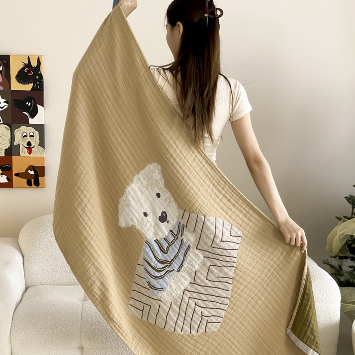 91家纺网 家纺一手货源 找家纺 麻依 2025新款软萌纱布浴巾四层全棉纱布浴巾 西单小狗 80*160