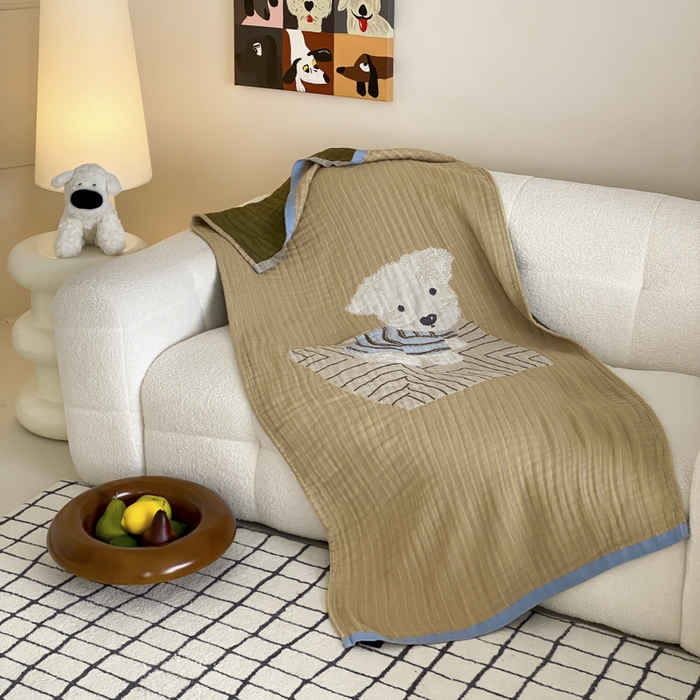 91家纺网 家纺一手货源 找家纺 麻依 2025新款软萌纱布浴巾四层全棉纱布浴巾 西单小狗 80*160