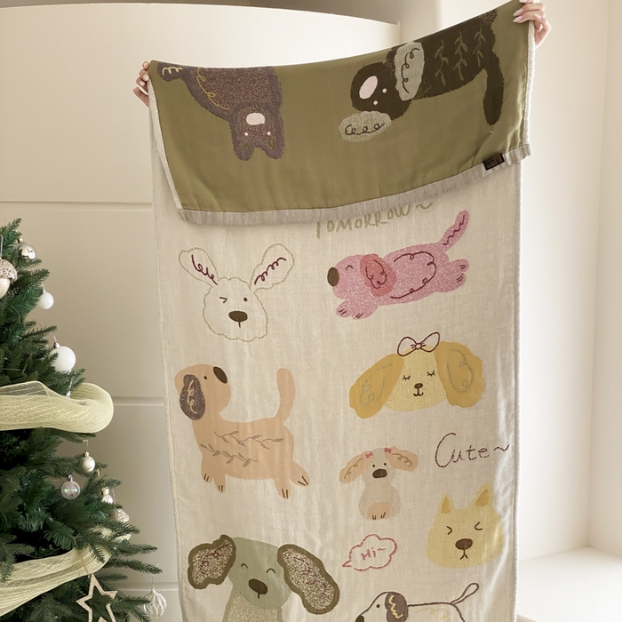 91家纺网 家纺一手货源 找家纺 麻依 2025新款软萌纱布浴巾四层全棉纱布浴巾 小狗的快乐 80*160