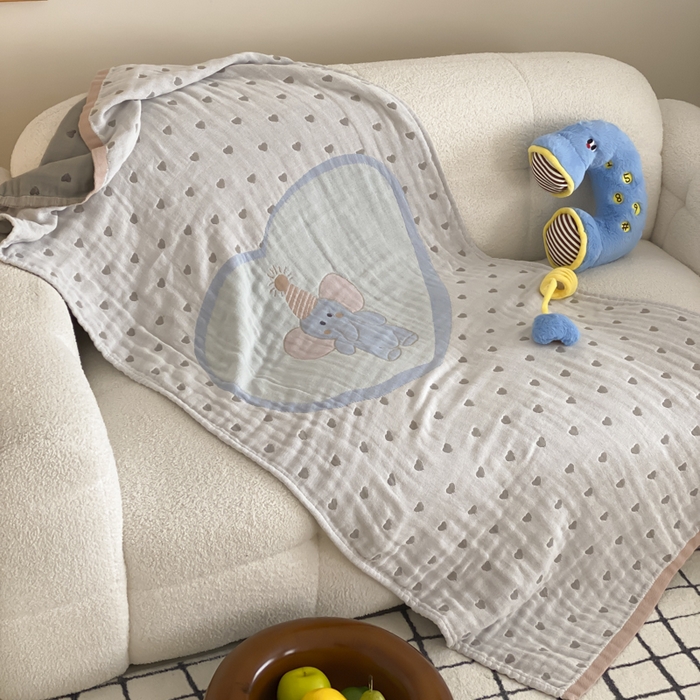 91家纺网 家纺一手货源 找家纺 麻依 2025新款软萌纱布浴巾四层全棉纱布浴巾 心心小象 80*160