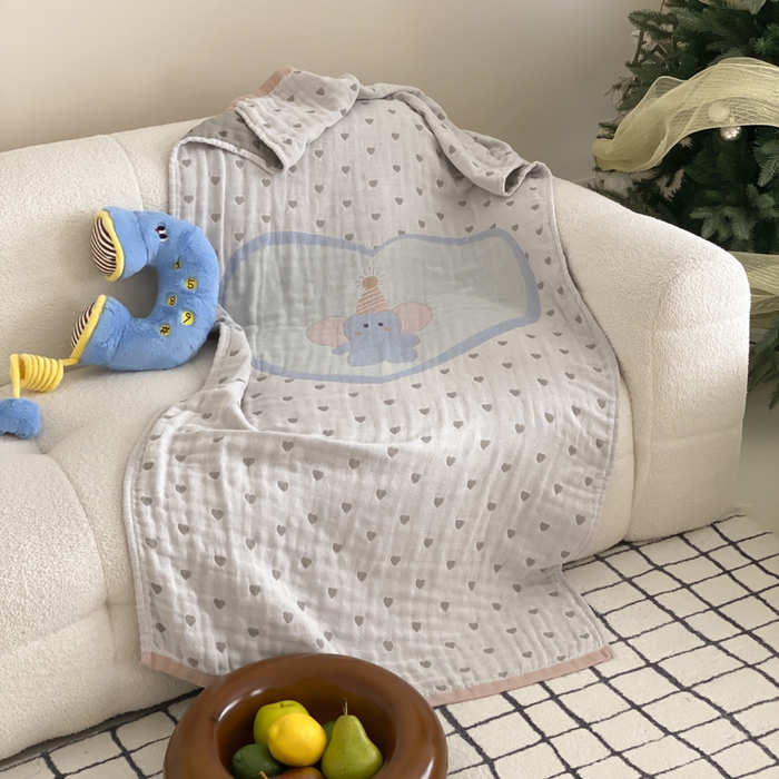 91家纺网 家纺一手货源 找家纺 麻依 2025新款软萌纱布浴巾四层全棉纱布浴巾 心心小象 80*160