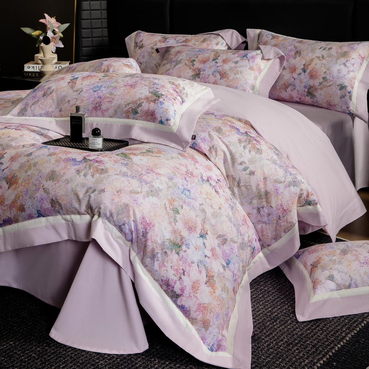 91家纺网 家纺一手货源 找家纺 2025秋冬季A类加厚全棉磨毛四件套纯棉保暖美式轻奢长绒棉数码印花高端床上用品 花弄影-紫