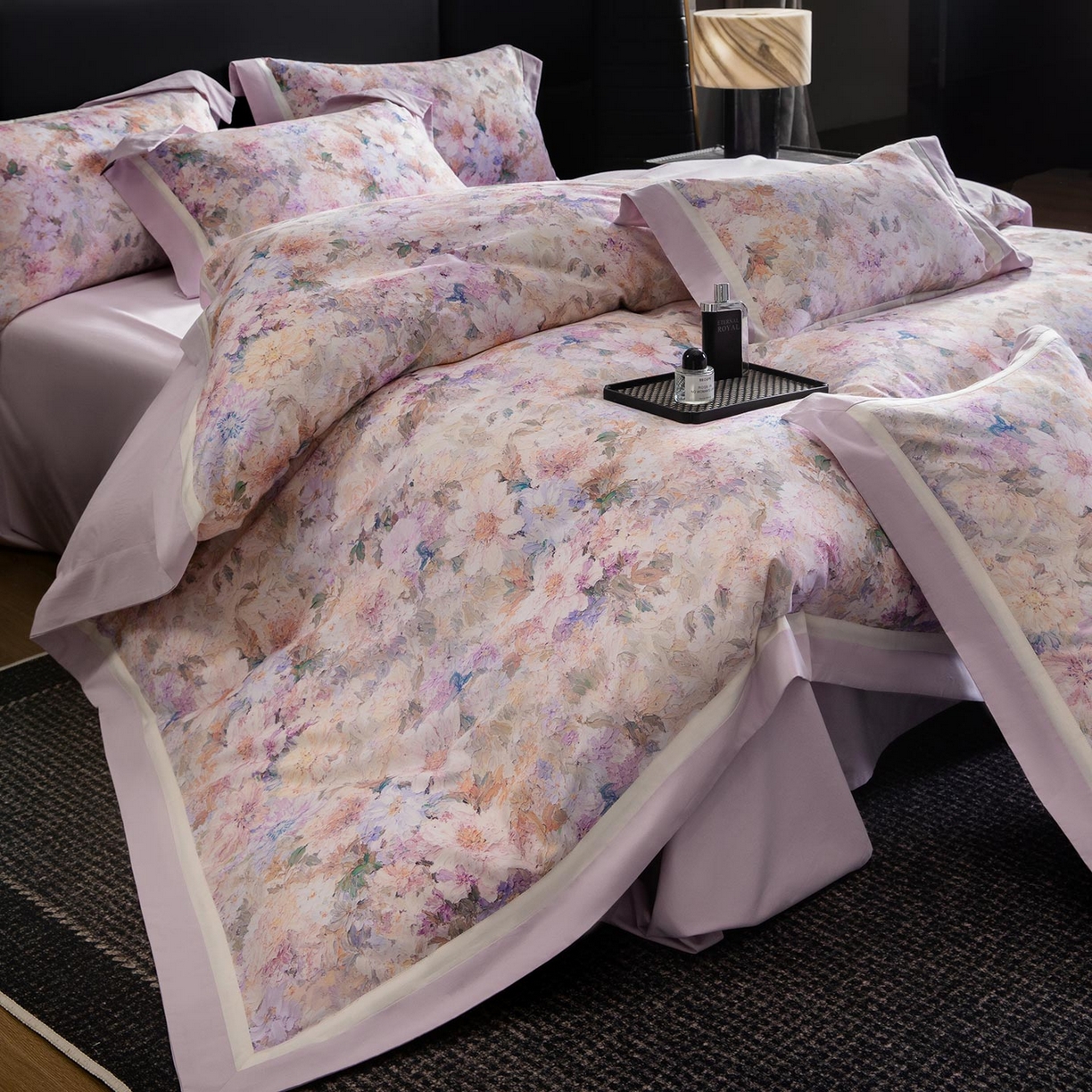 91家纺网 家纺一手货源 找家纺 2025秋冬季A类加厚全棉磨毛四件套纯棉保暖美式轻奢长绒棉数码印花高端床上用品 花弄影-紫