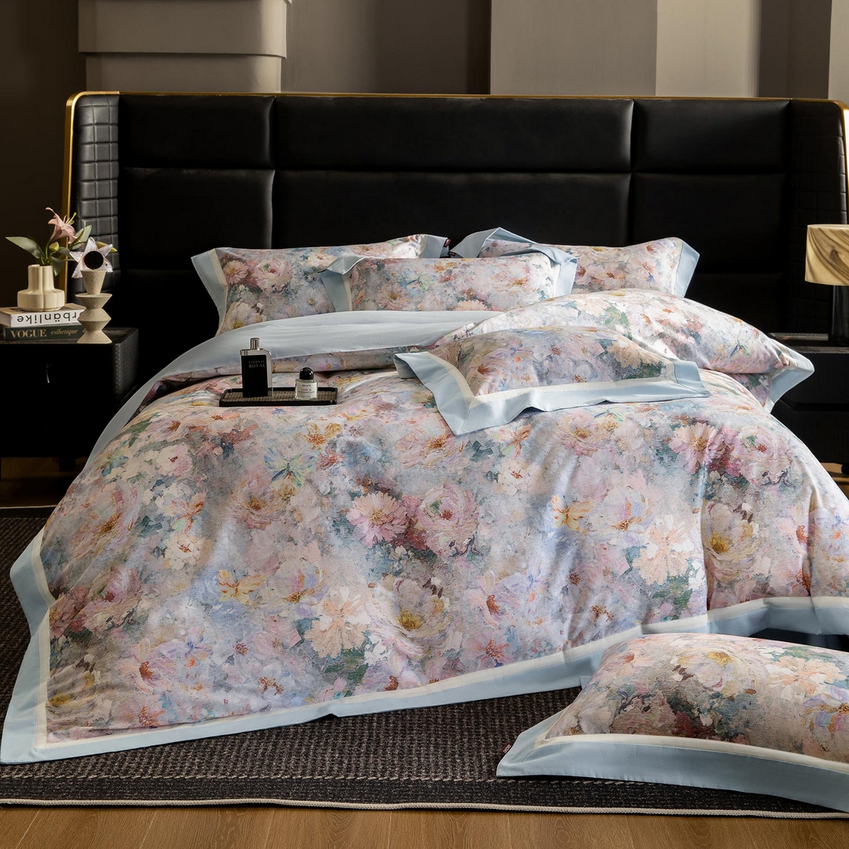 91家纺网 家纺一手货源 找家纺 2025秋冬季A类加厚全棉磨毛四件套纯棉保暖美式轻奢长绒棉数码印花高端床上用品 花弄影-蓝