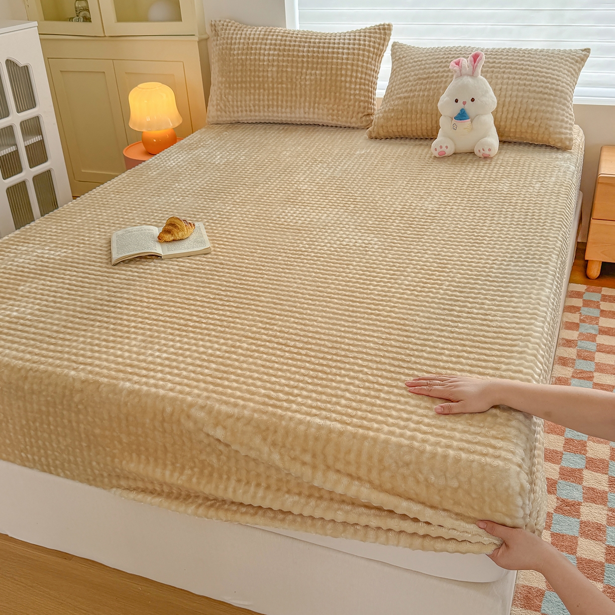 十一家居 2025年新款A类高克重仿兔毛泡泡绒单床笠单品床笠床笠单件 浅咖驼