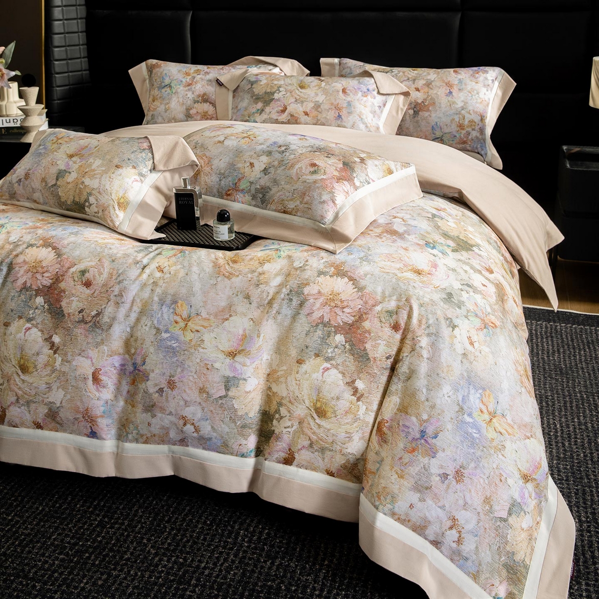 91家纺网 家纺一手货源 找家纺 2025秋冬季A类加厚全棉磨毛四件套纯棉保暖美式轻奢长绒棉数码印花高端床上用品 花弄影-米