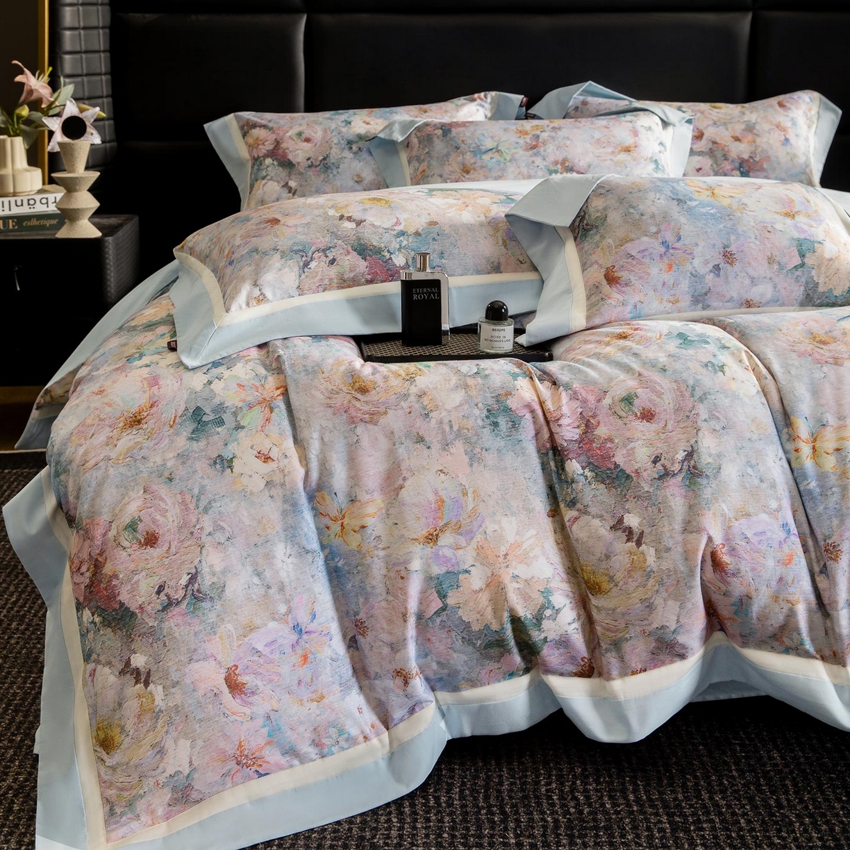 91家纺网 家纺一手货源 找家纺 2025秋冬季A类加厚全棉磨毛四件套纯棉保暖美式轻奢长绒棉数码印花高端床上用品 花弄影-蓝