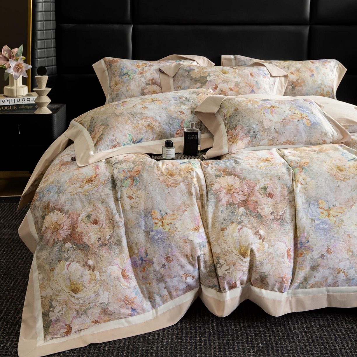 91家纺网 家纺一手货源 找家纺 2025秋冬季A类加厚全棉磨毛四件套纯棉保暖美式轻奢长绒棉数码印花高端床上用品 花弄影-米