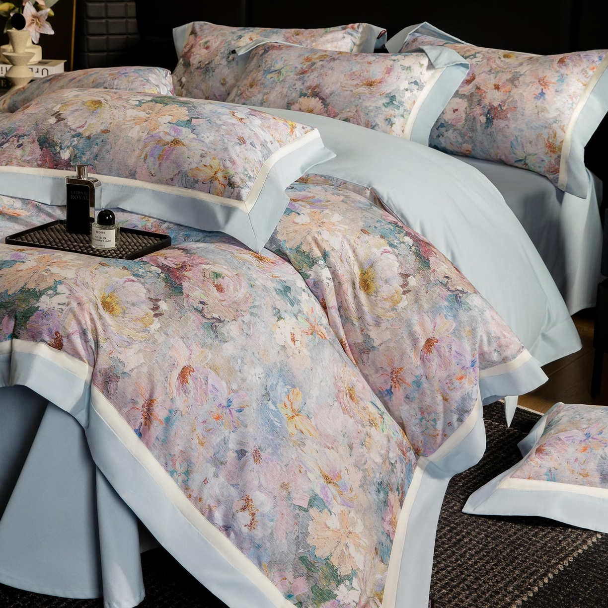 91家纺网 家纺一手货源 找家纺 2025秋冬季A类加厚全棉磨毛四件套纯棉保暖美式轻奢长绒棉数码印花高端床上用品 花弄影-蓝