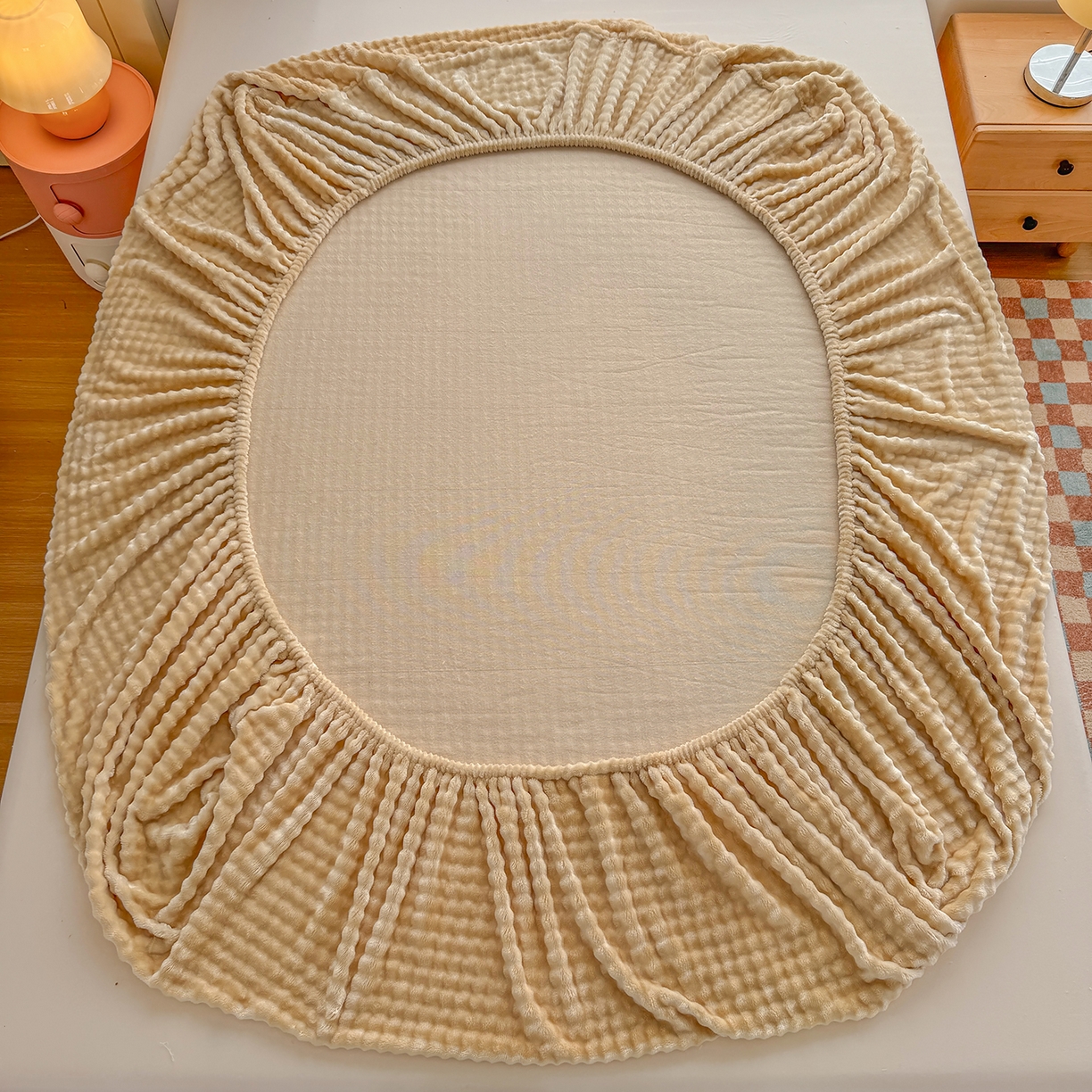 91家纺网 家纺一手货源 找家纺 十一家居 2025年新款A类高克重仿兔毛泡泡绒单床笠单品床笠床笠单件 浅咖驼