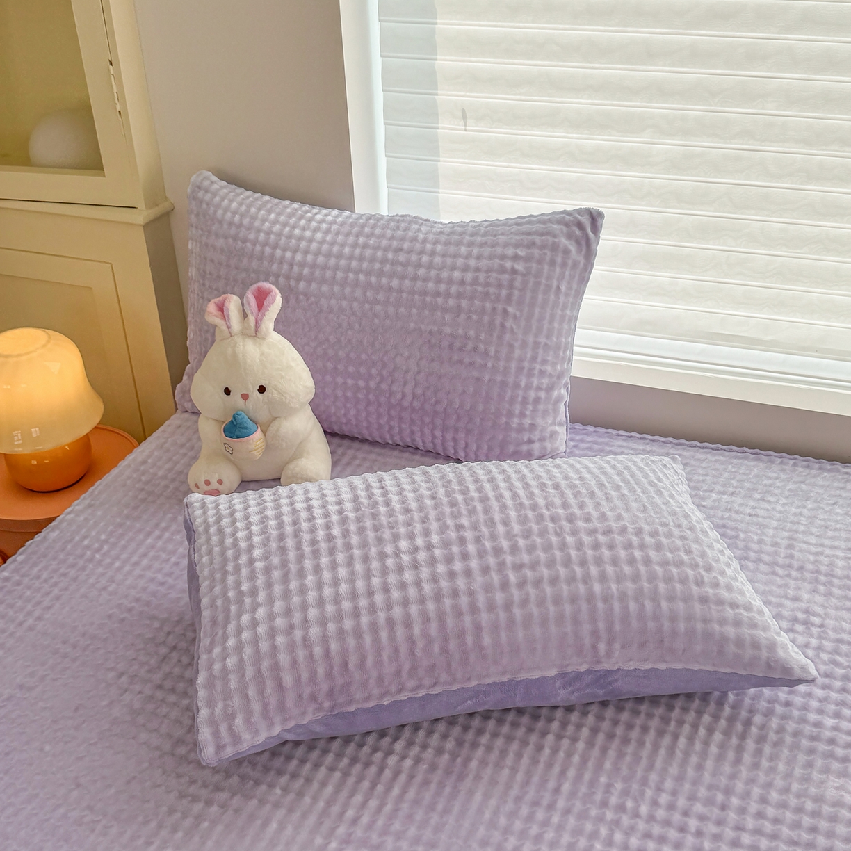 91家纺网 家纺一手货源 找家纺 十一家居 2025年新款A类高克重仿兔毛泡泡绒单床笠单品床笠床笠单件 清雅紫