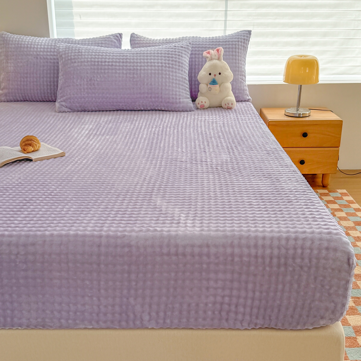 91家纺网 家纺一手货源 找家纺 十一家居 2025年新款A类高克重仿兔毛泡泡绒单床笠单品床笠床笠单件 清雅紫