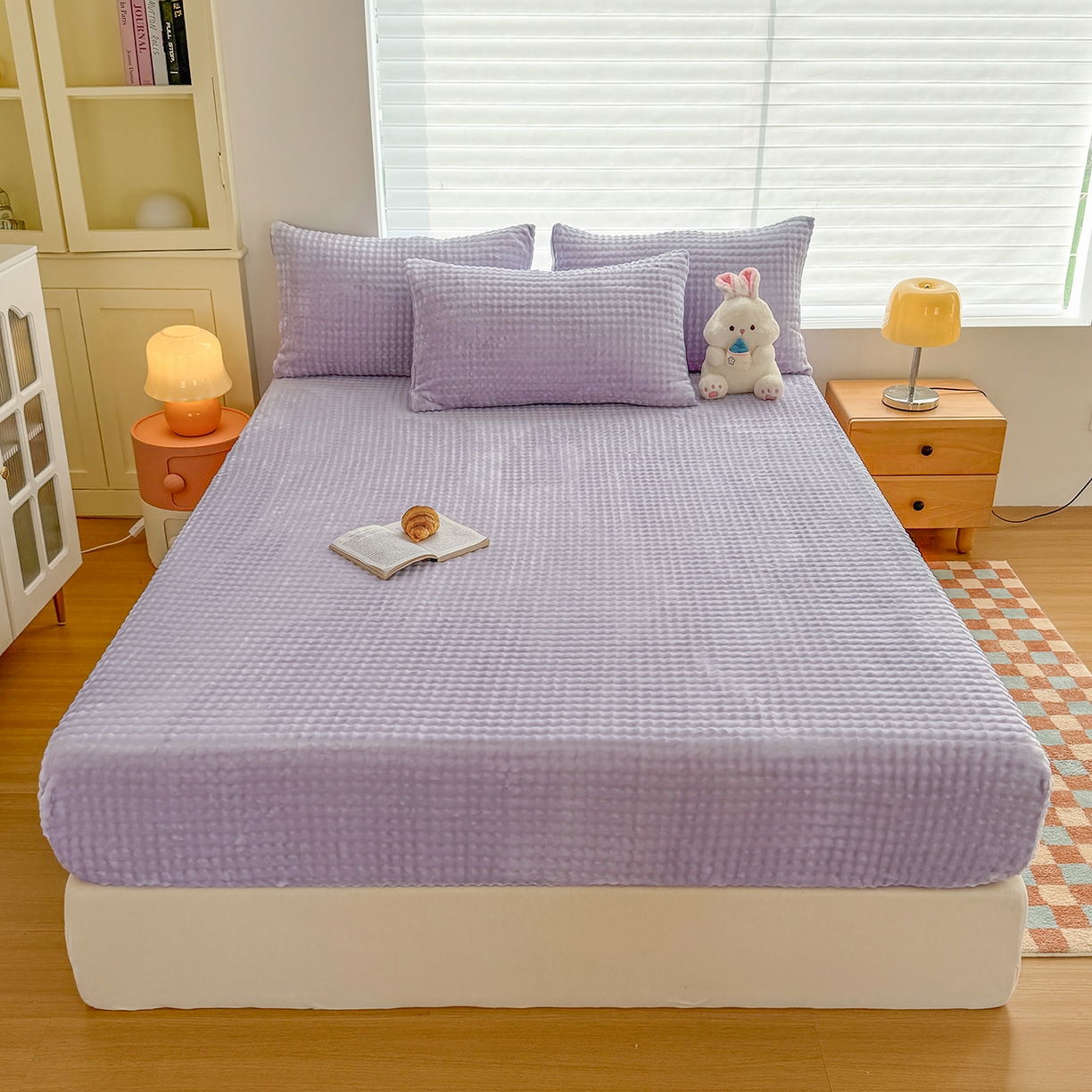 91家纺网 家纺一手货源 找家纺 十一家居 2025年新款A类高克重仿兔毛泡泡绒单床笠单品床笠床笠单件 清雅紫