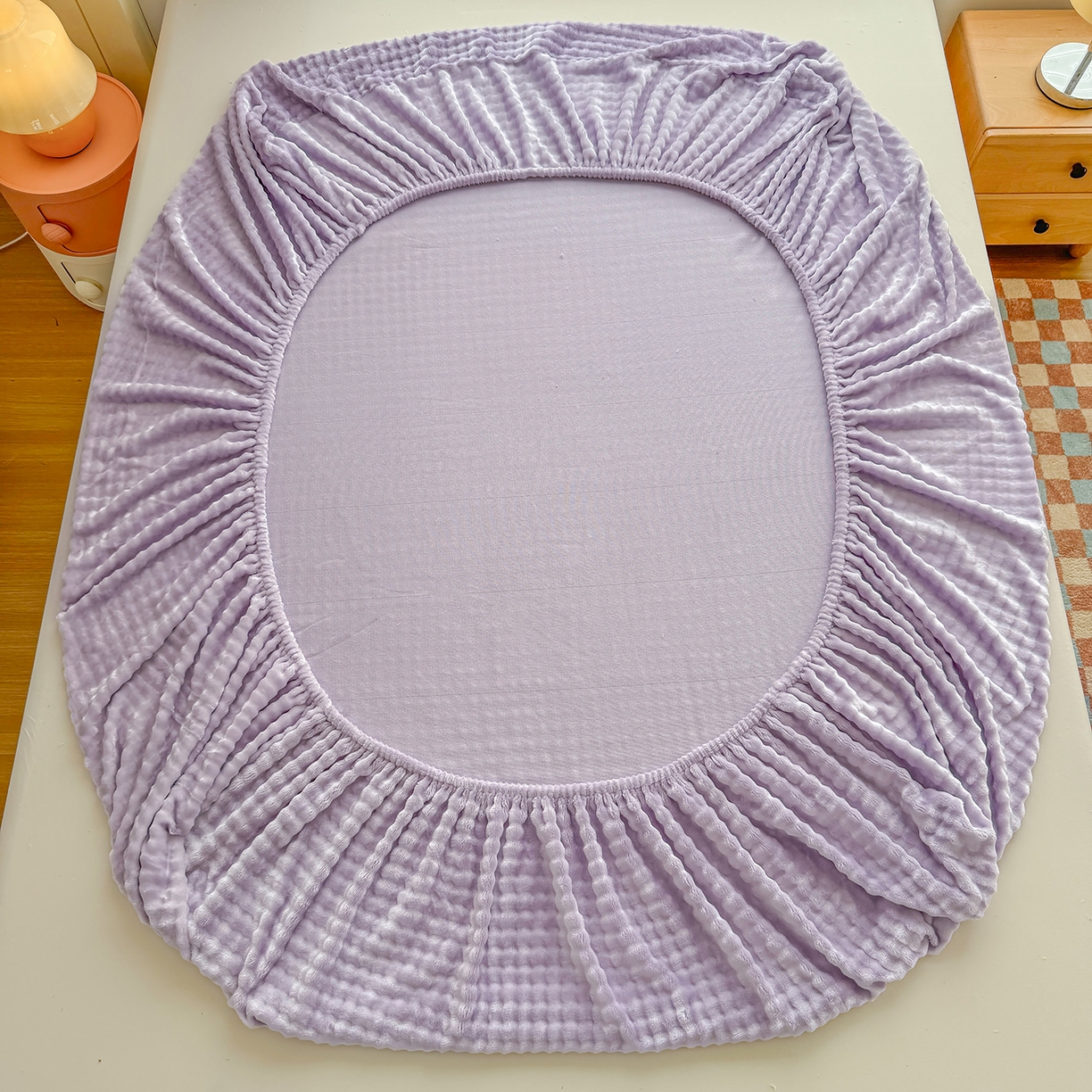 91家纺网 家纺一手货源 找家纺 十一家居 2025年新款A类高克重仿兔毛泡泡绒单床笠单品床笠床笠单件 清雅紫