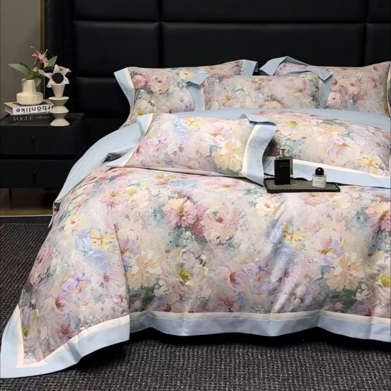 91家纺网 家纺一手货源 找家纺 2025秋冬季A类加厚全棉磨毛四件套纯棉保暖美式轻奢长绒棉数码印花高端床上用品 花弄影-蓝