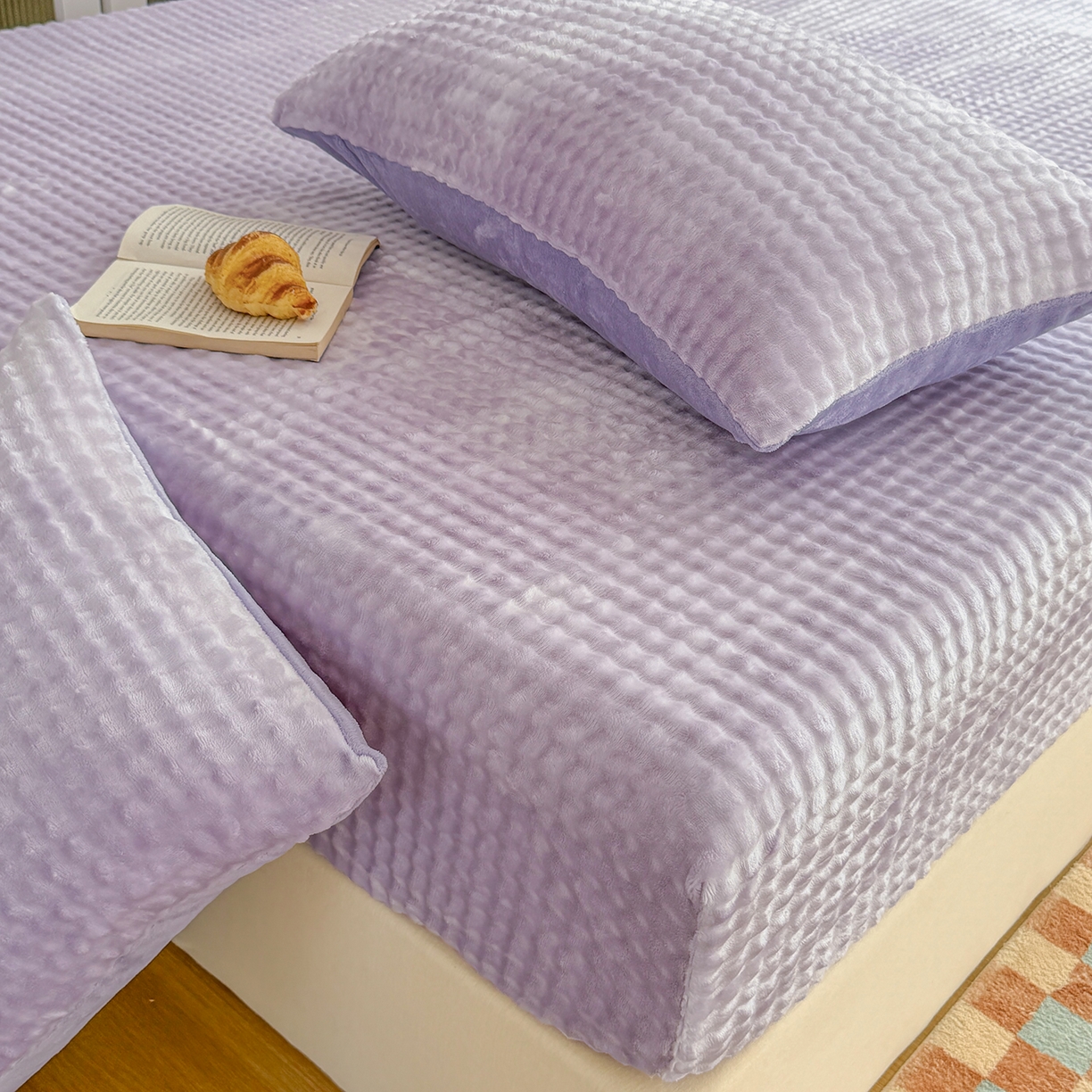 91家纺网 家纺一手货源 找家纺 十一家居 2025年新款A类高克重仿兔毛泡泡绒单床笠单品床笠床笠单件 清雅紫