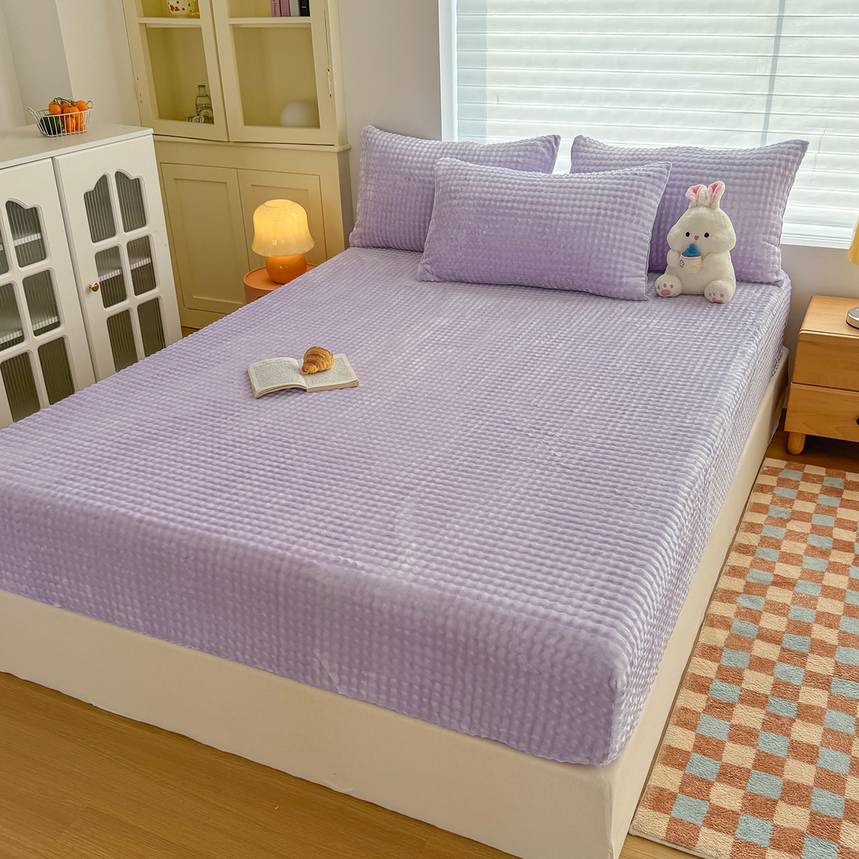 91家纺网 家纺一手货源 找家纺 十一家居 2025年新款A类高克重仿兔毛泡泡绒单床笠单品床笠床笠单件 清雅紫