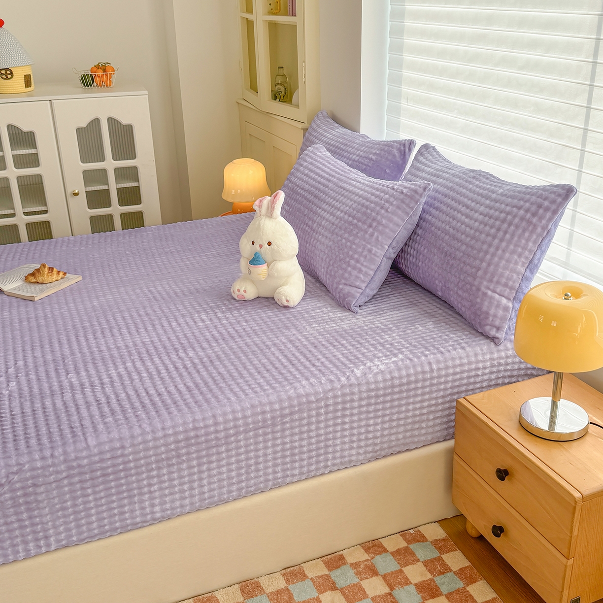 91家纺网 家纺一手货源 找家纺 十一家居 2025年新款A类高克重仿兔毛泡泡绒单床笠单品床笠床笠单件 清雅紫