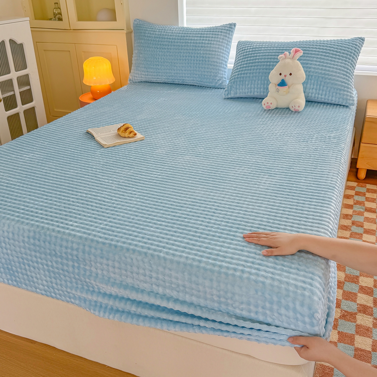 十一家居 2025年新款A类高克重仿兔毛泡泡绒单床笠单品床笠床笠单件 典雅蓝