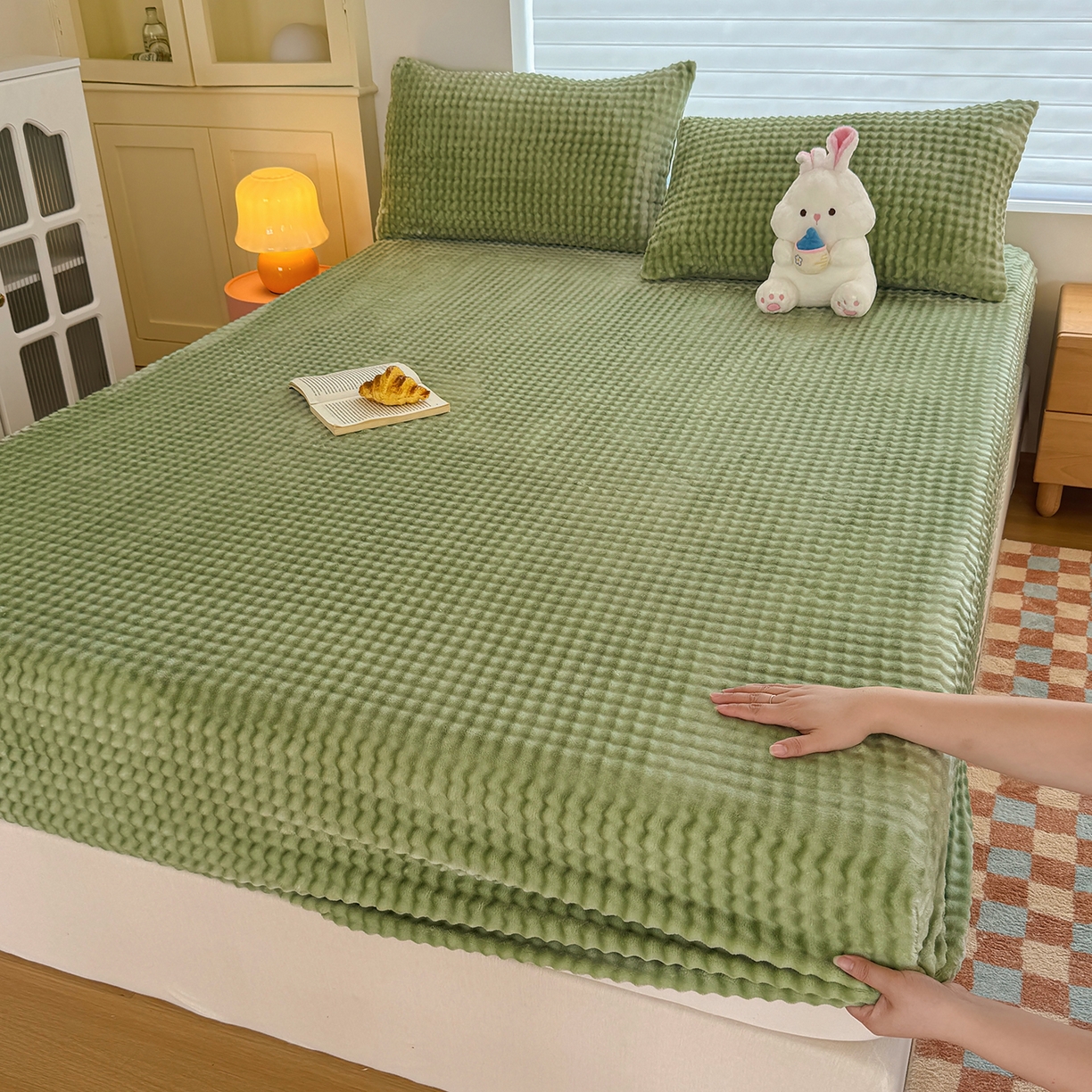 十一家居 2025年新款A类高克重仿兔毛泡泡绒单床笠单品床笠床笠单件 青草绿