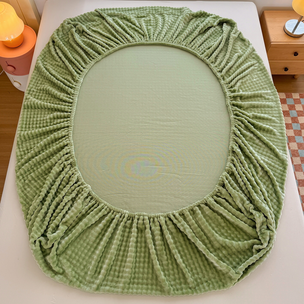 91家纺网 家纺一手货源 找家纺 十一家居 2025年新款A类高克重仿兔毛泡泡绒单床笠单品床笠床笠单件 青草绿