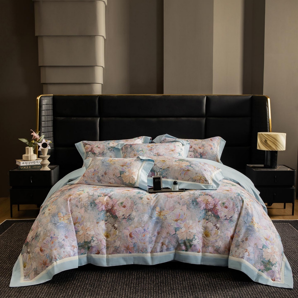 91家纺网 家纺一手货源 找家纺  2025秋冬季A类加厚全棉磨毛四件套纯棉保暖美式轻奢长绒棉数码印花高端床上用品 花弄影-蓝