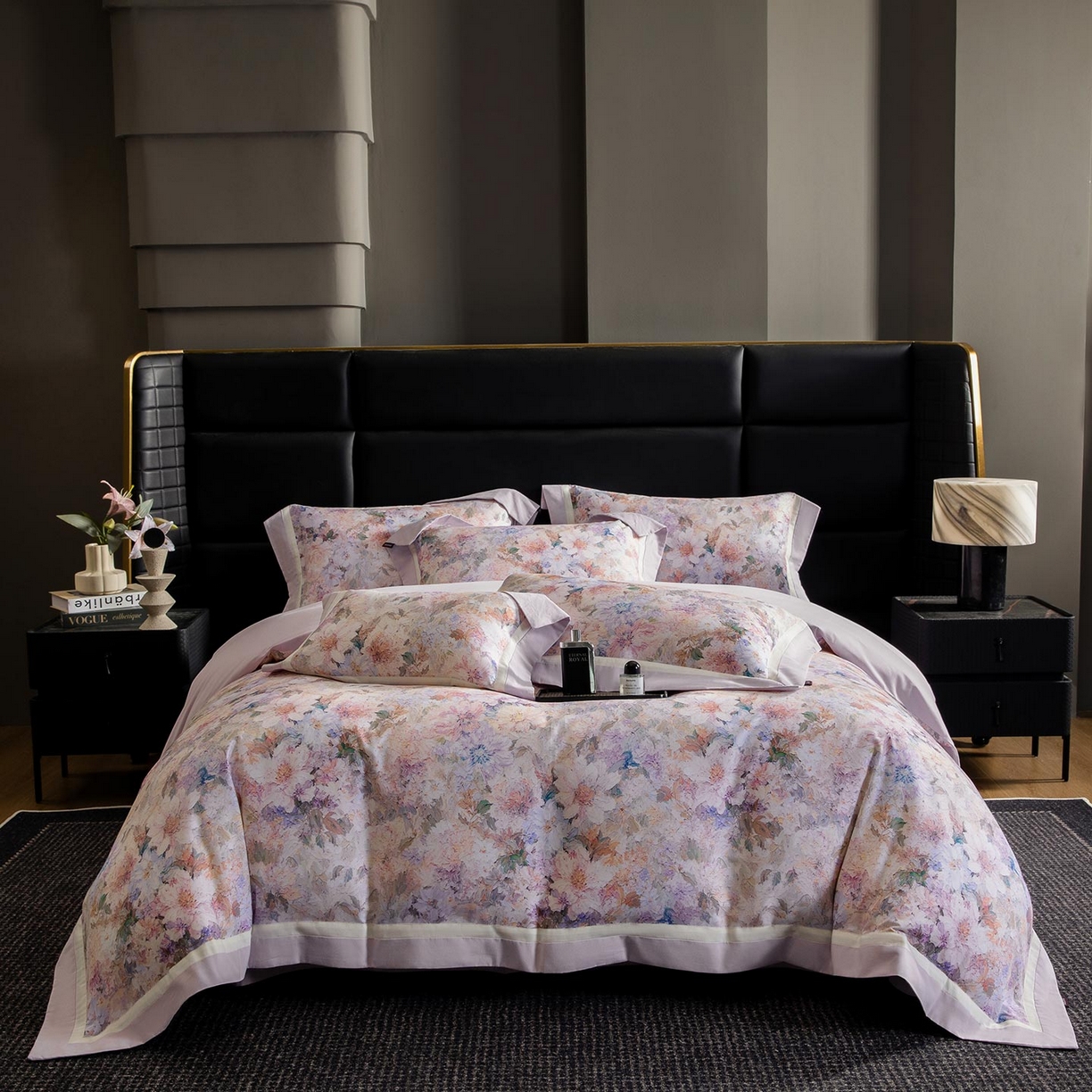 91家纺网 家纺一手货源 找家纺  2025秋冬季A类加厚全棉磨毛四件套纯棉保暖美式轻奢长绒棉数码印花高端床上用品 花弄影-紫