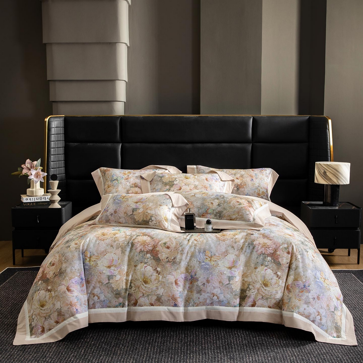 91家纺网 家纺一手货源 找家纺  2025秋冬季A类加厚全棉磨毛四件套纯棉保暖美式轻奢长绒棉数码印花高端床上用品 花弄影-米