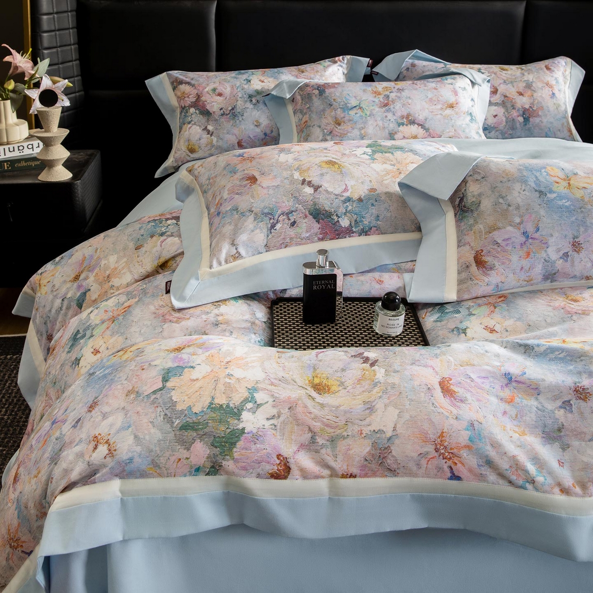 91家纺网 家纺一手货源 找家纺  2025秋冬季A类加厚全棉磨毛四件套纯棉保暖美式轻奢长绒棉数码印花高端床上用品 花弄影-蓝