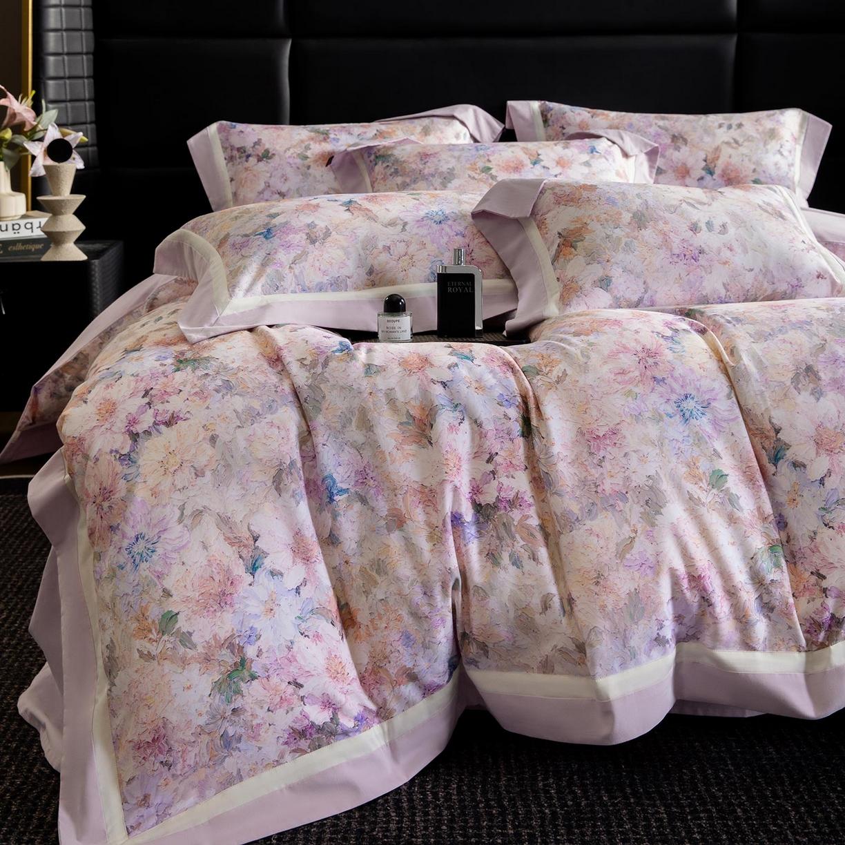 91家纺网 家纺一手货源 找家纺  2025秋冬季A类加厚全棉磨毛四件套纯棉保暖美式轻奢长绒棉数码印花高端床上用品 花弄影-紫