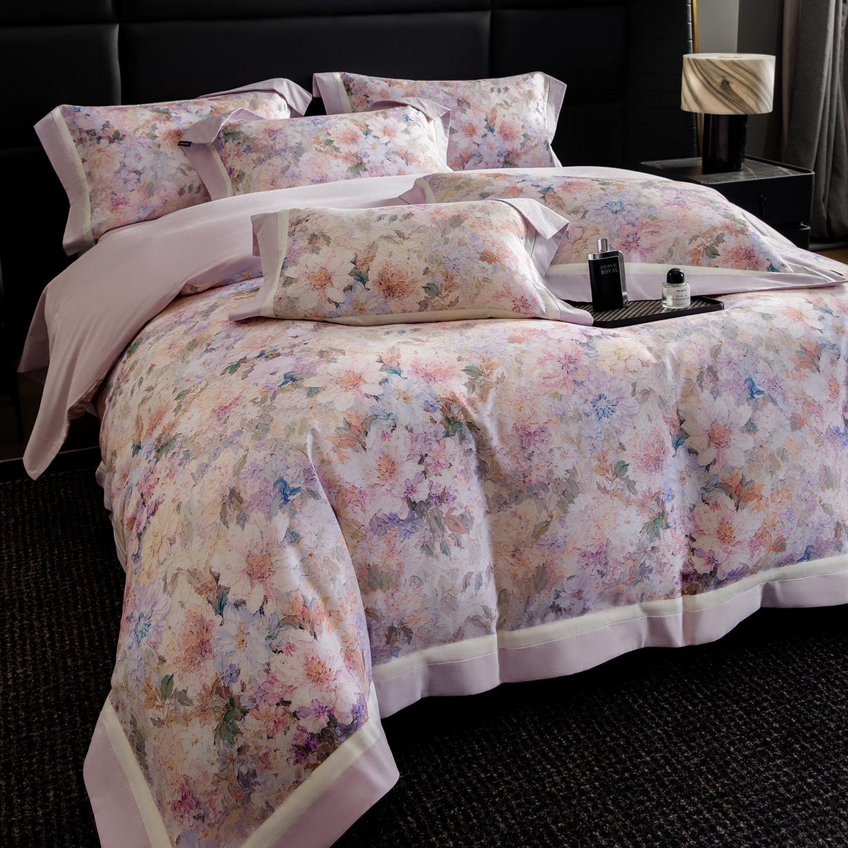 91家纺网 家纺一手货源 找家纺  2025秋冬季A类加厚全棉磨毛四件套纯棉保暖美式轻奢长绒棉数码印花高端床上用品 花弄影-紫