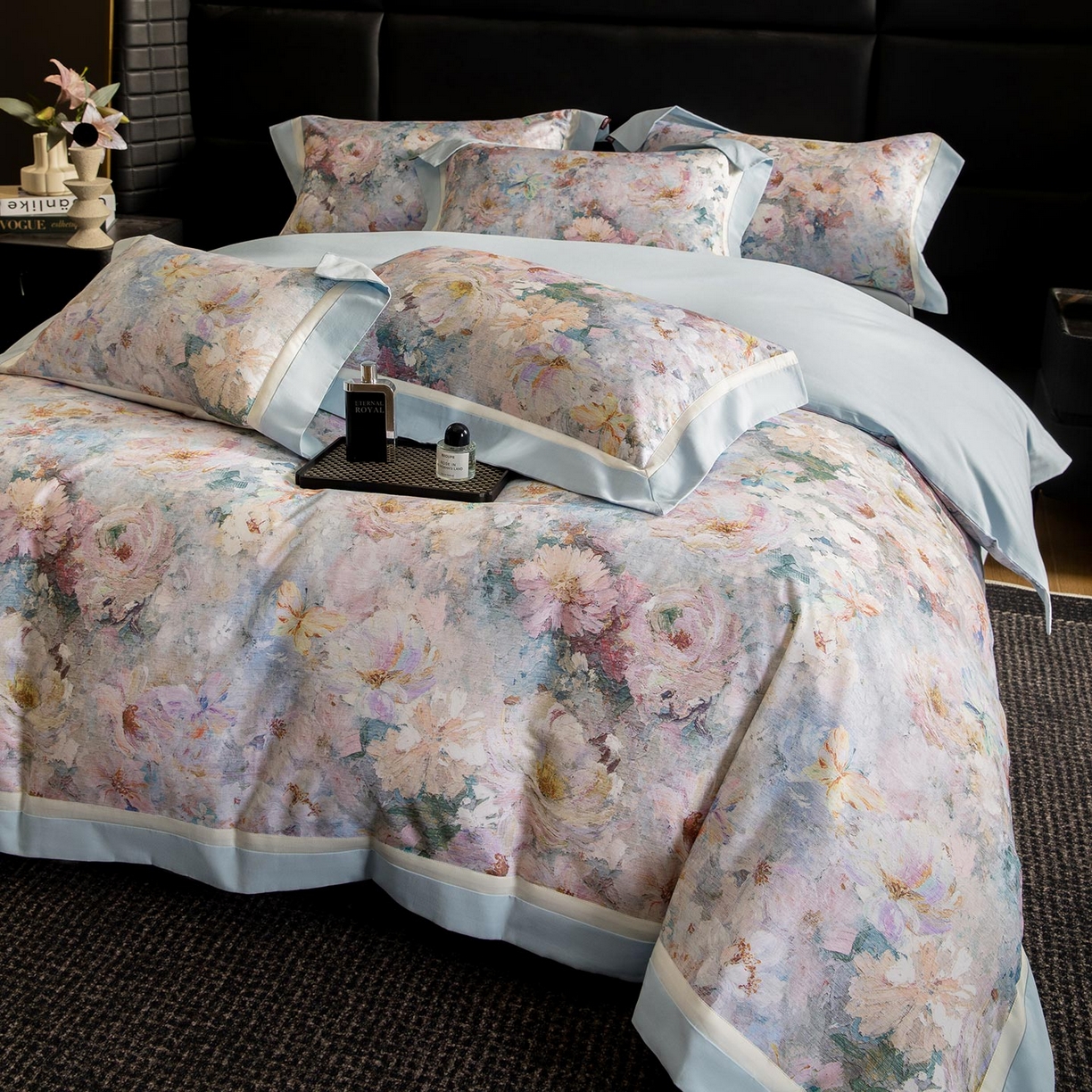 91家纺网 家纺一手货源 找家纺  2025秋冬季A类加厚全棉磨毛四件套纯棉保暖美式轻奢长绒棉数码印花高端床上用品 花弄影-蓝