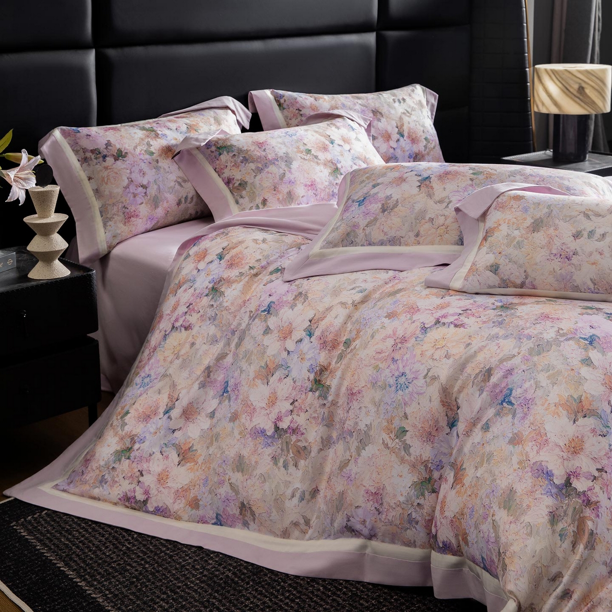 91家纺网 家纺一手货源 找家纺  2025秋冬季A类加厚全棉磨毛四件套纯棉保暖美式轻奢长绒棉数码印花高端床上用品 花弄影-紫