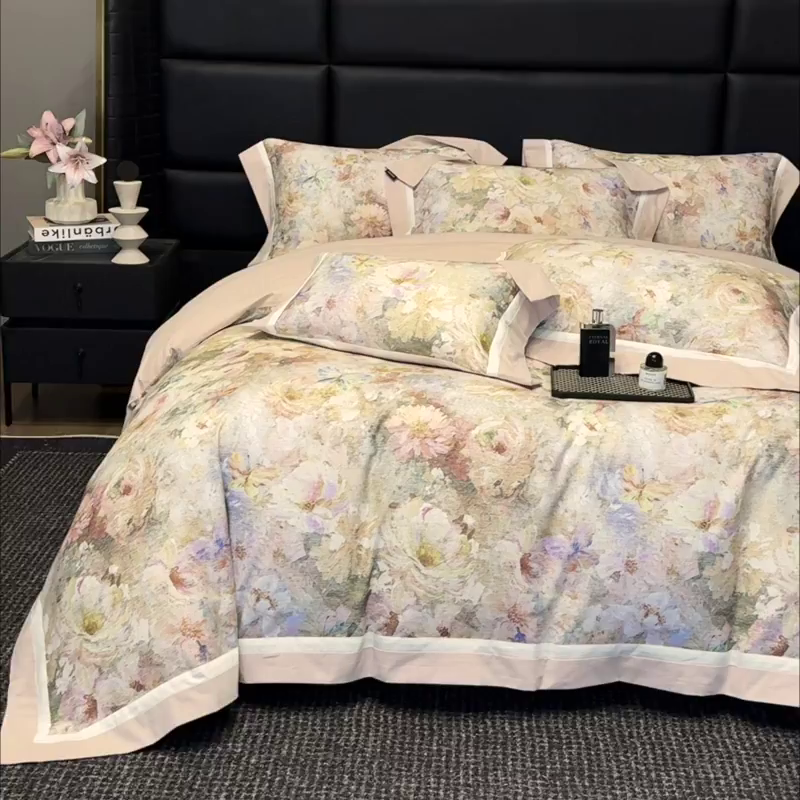 91家纺网 家纺一手货源 找家纺  2025秋冬季A类加厚全棉磨毛四件套纯棉保暖美式轻奢长绒棉数码印花高端床上用品 花弄影-黄