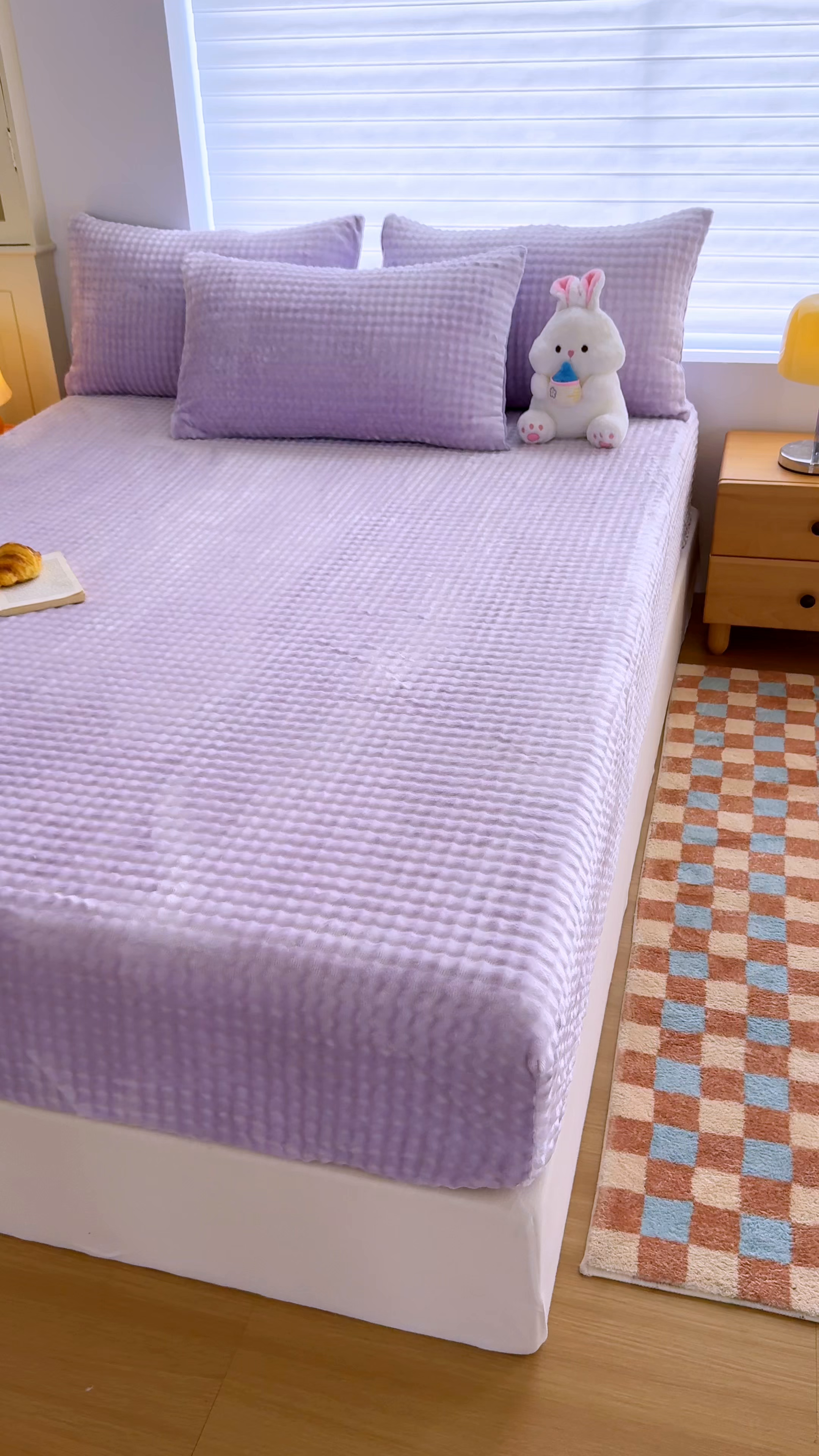 91家纺网 家纺一手货源 找家纺 十一家居 2025年新款A类高克重仿兔毛泡泡绒单床笠单品床笠床笠单件 清雅紫